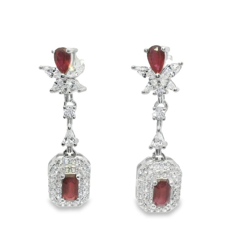 Arete Piedra Natural Colgante Rectangular con Circonias Alrededor Rubi