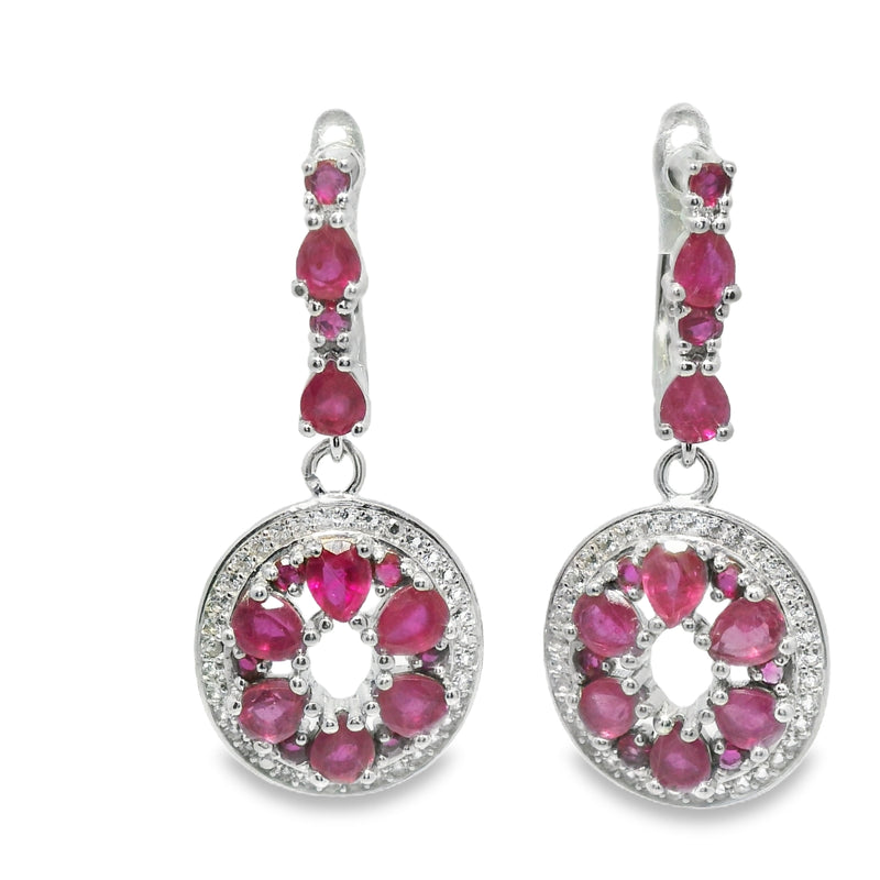 Arete de Piedra Natural Colgante en Circulo con Circonias Rubi