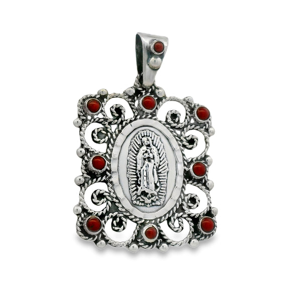 Medalla de la Virgen de Guadalupe con Perlas Rojo