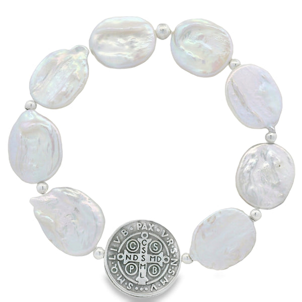 Pulsera de Perla Biwa con Medalla de San Benito