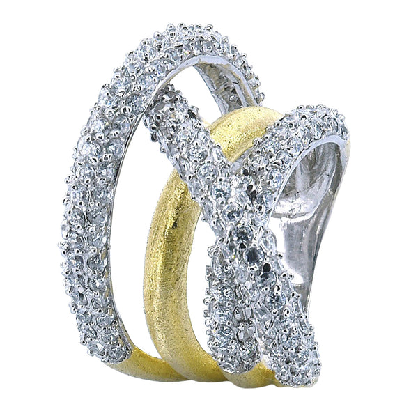 Anillo Cruzado de Plata con Circonia y Chapa de Oro