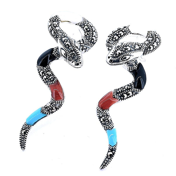 Aretes Largos De Serpiente Plata Con Marquesita