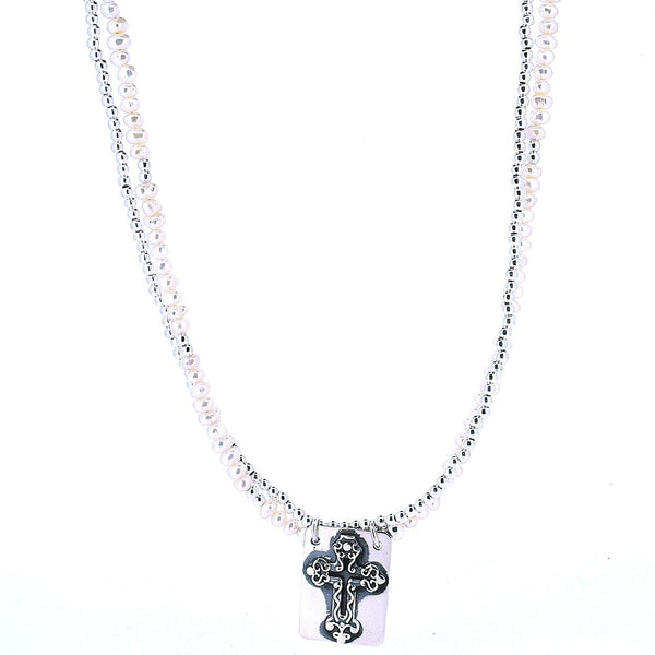 Collar Doble Con Cuencas De Plata Y Dije Cruz