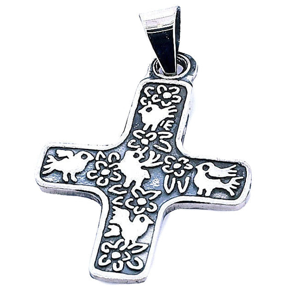 Cruz De Plata Con Dibujo De Pájaros